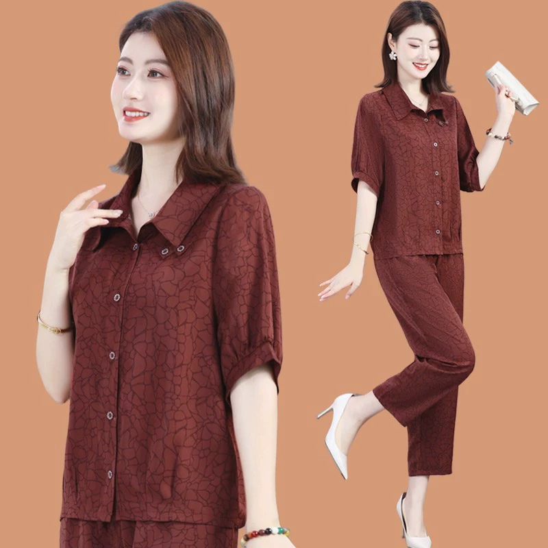 Летний костюм для мамы, модная рубашка с короткими рукавами, топы с короткими рукавами для женщин среднего и пожилого возраста, повседневные брюки, комплект из двух предметов.