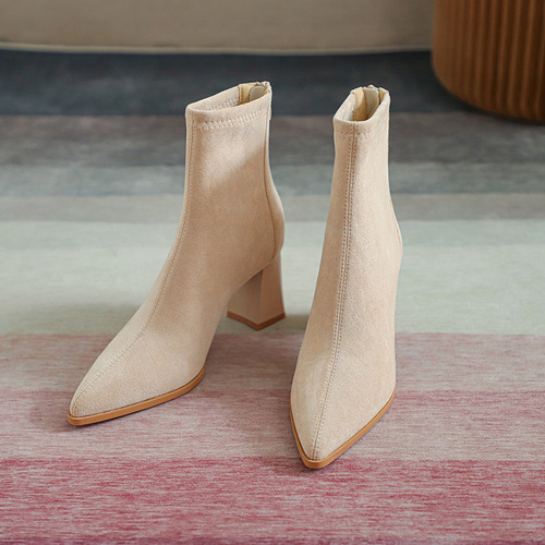 Women's pointed toe short boots, women's high heels, French nude boots, slim boots, suede winter women's shoes, simple low boots