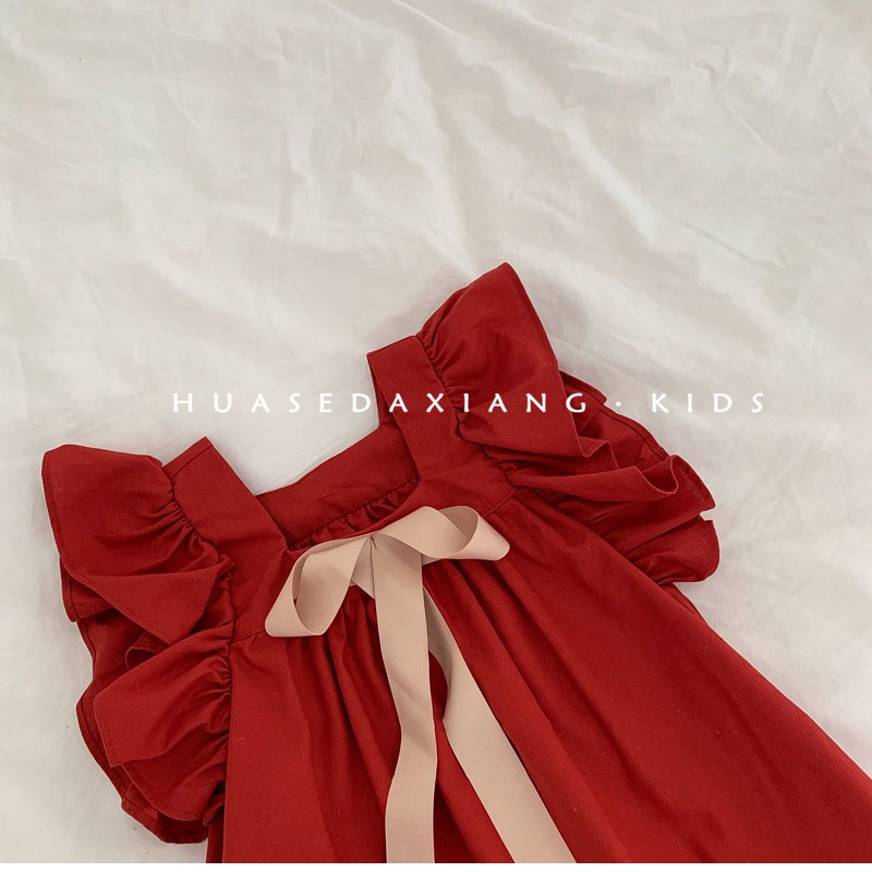 Vestido rojo para niños, nuevo estilo de verano para niñas, falda de estilo occidental, vestido de princesa, dulce bebé de estilo nacional para mujeres