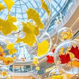 商场秋日氛围彩色梦幻装饰道具波波球枫叶橱窗商品气球美陈景