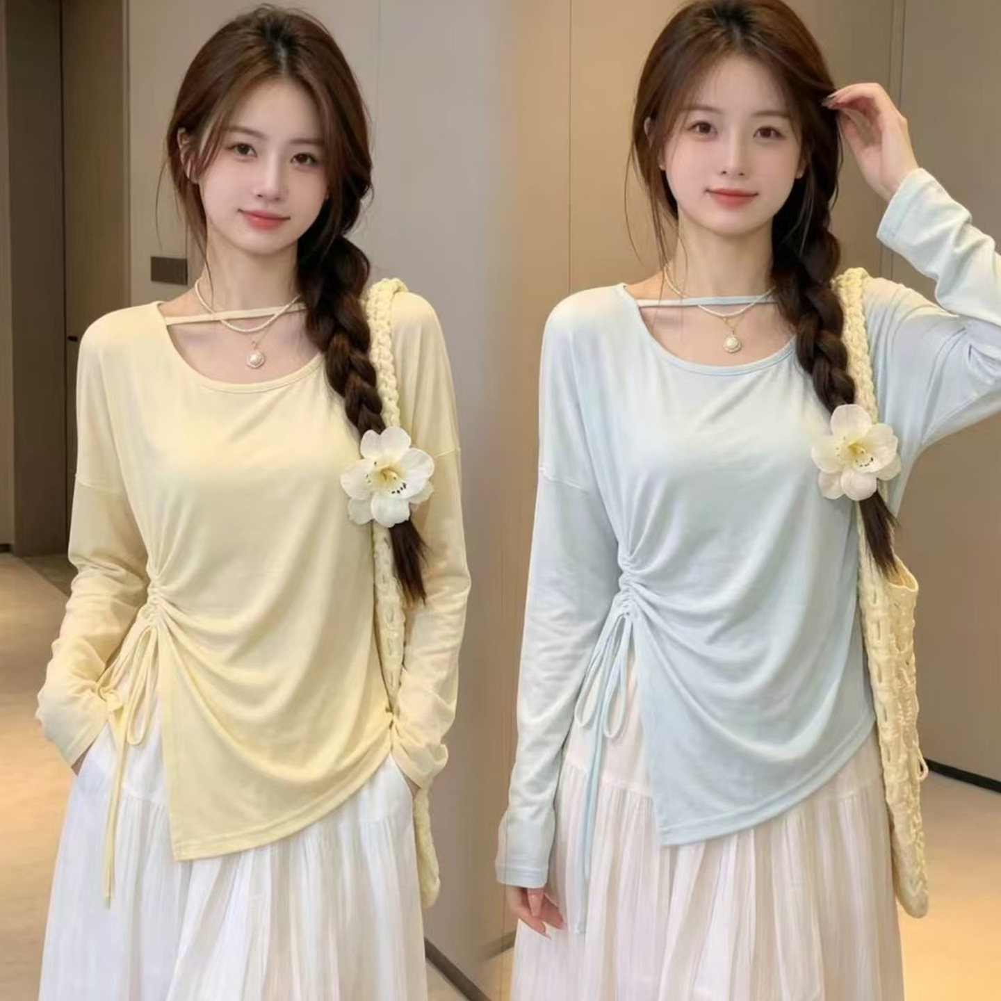 Thin long-sleeved T-shirt for women, drawstring, new style, flowing yarn, round neck, summer slim fit, slightly sheer, sun protection cover-up.