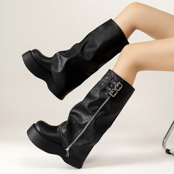 Black Retro British Thick Heel Thick Bottom Boots Women's 2024 New Autumn Slim Look Increased Pants Knight Boots