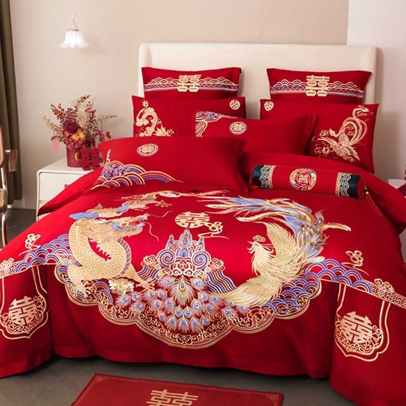 Cuatro piezas de boda china dragón-fénix bordado sábanas de boda rojas casa de boda colcha de cama image 35