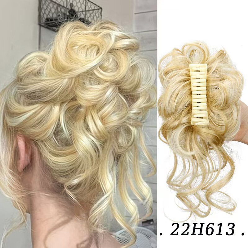 European and American Style Hair Clip with Long Wispy Hair, Fluffy Messy Bun Style, Flower Bun Hair Clip, Ponytail Wig Bun