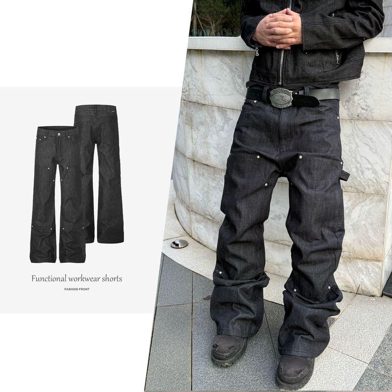 【Csmy】Farsta Heavy-Duty Raw Denim Lumberjack Pants with Rhinestone Patchwork A-Line Flared Jeans Unisex Style 【Csmy】Farsta Heavy-Duty Raw Denim Lumberjack Pants with Rhinestone Patchwork A-Line Flared Jeans Unisex Style