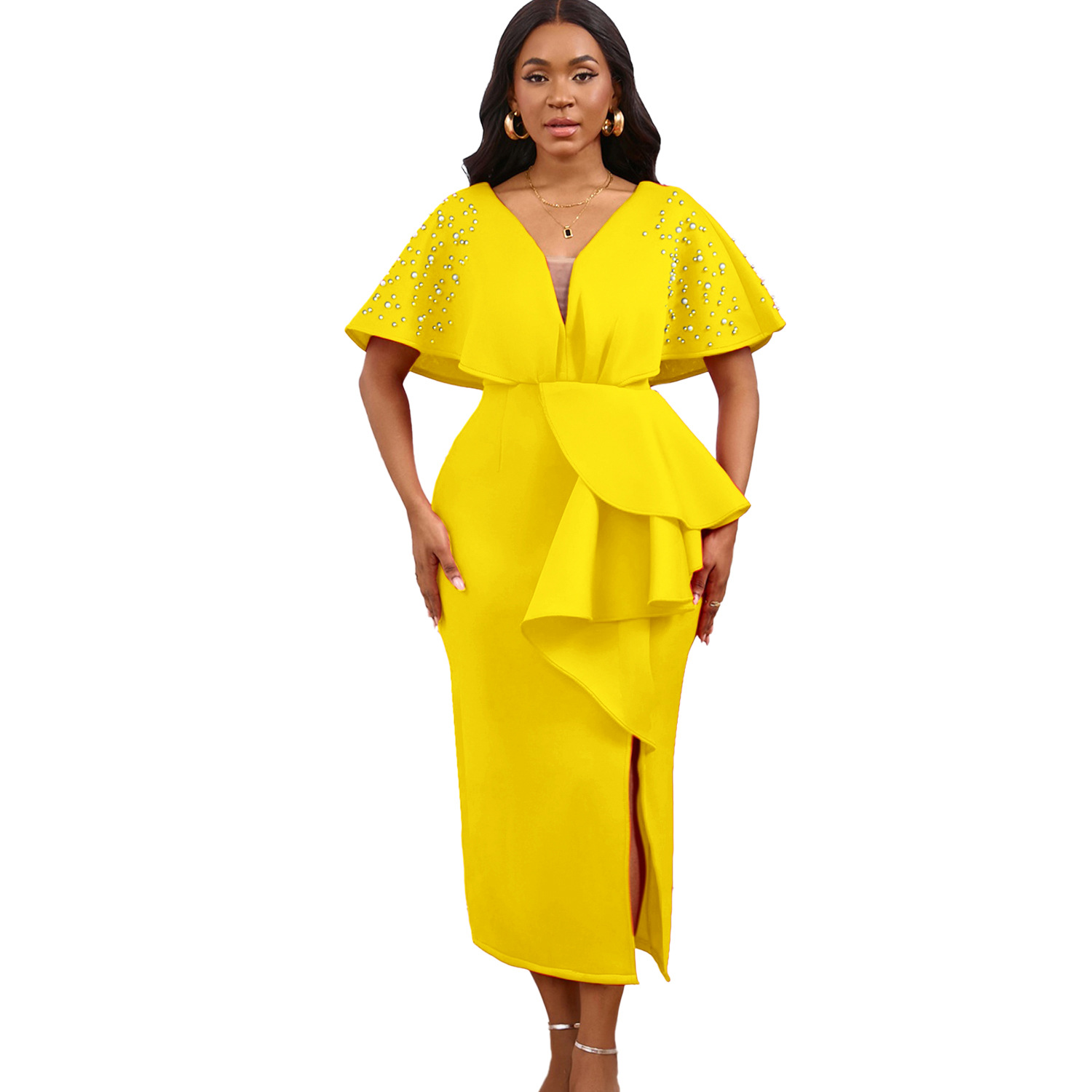 Robe de soirée sexy à col en V et à volants avec fente perlée, robe de banquet de tempérament de célébrité_voghion.com