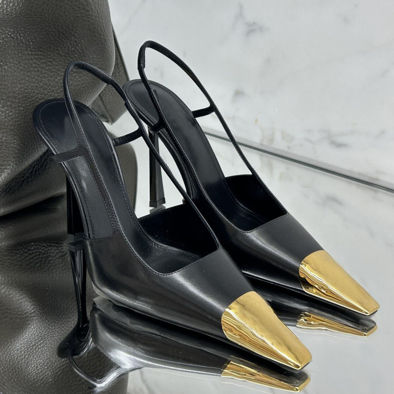 High-Heeled Shoes in the Same Style as Celebrities, Ysl New Foreign Trade Model, Metal Square-Toed High Heels, Versatile Black Shallow-Mouthed Single Shoes