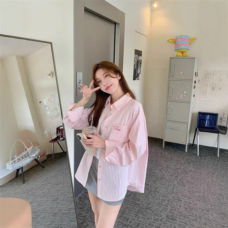 Pink Striped Shirt Women's Spring and Summer New Anti-Embroidery Sun Loose Lazy Style Long-sleeved Casual Thin Jacket