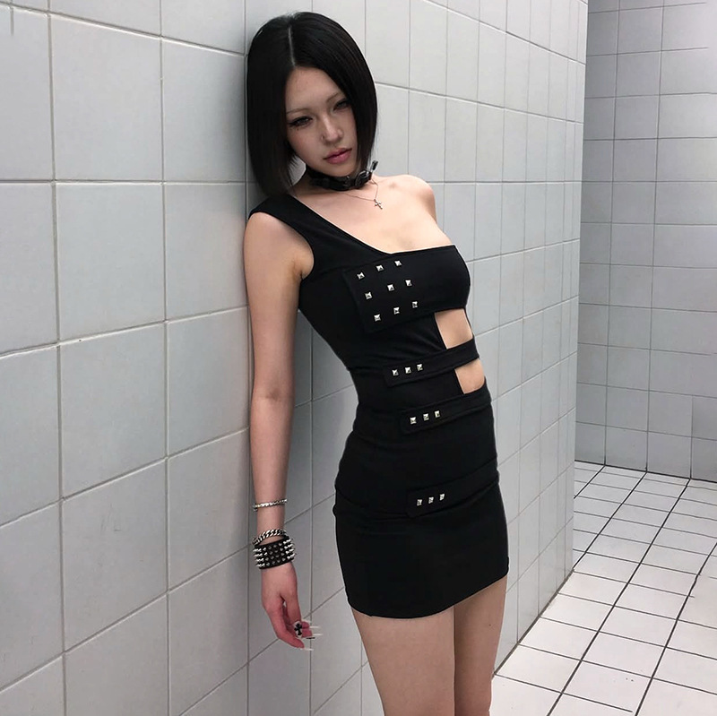 2026 European and American cross-border summer fashion hot-selling new irregular strap solid color stylish beaded hollow dress
