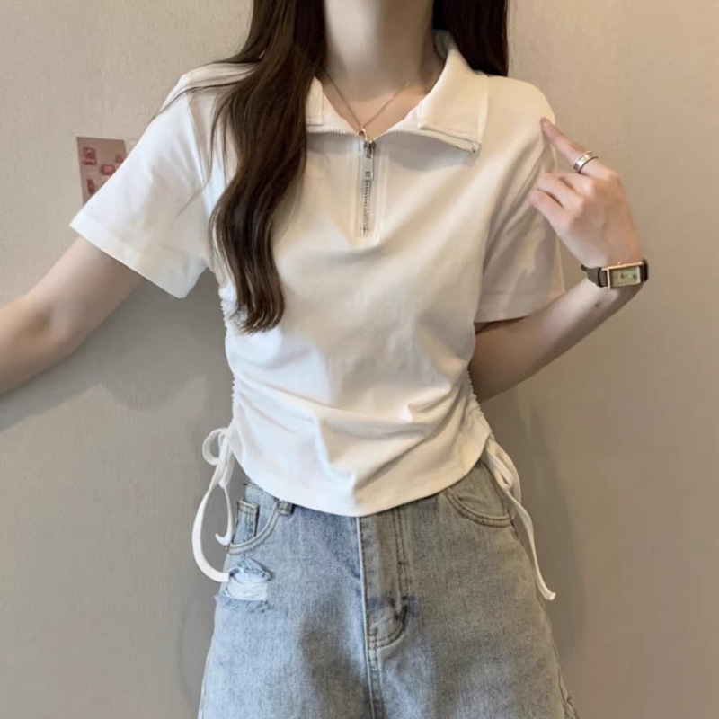 2026 New Women's Polo Collar Zipper Drawstring Short-Sleeve T-Shirt, Slim Fit, Korean Style, Versatile Short Top, Trendy