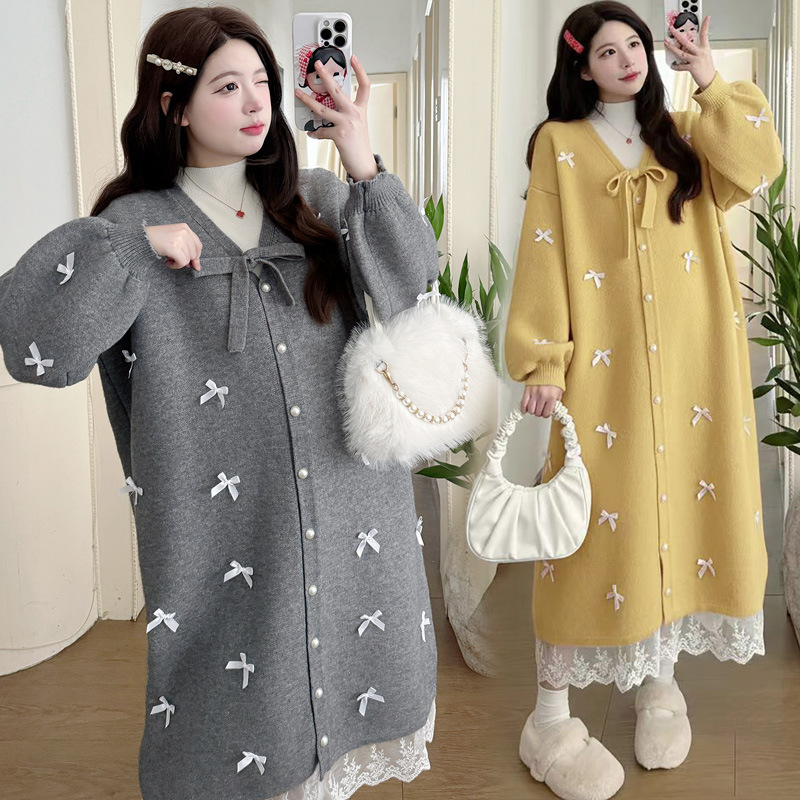 Maternity Winter Dress High-End 2025 New Heavy-Duty Bow Splicing Lace Sweater Dress Outer Suit Maternity Winter Dress High-End 2025 New Heavy-Duty Bow Splicing Lace Sweater Dress Outer Suit