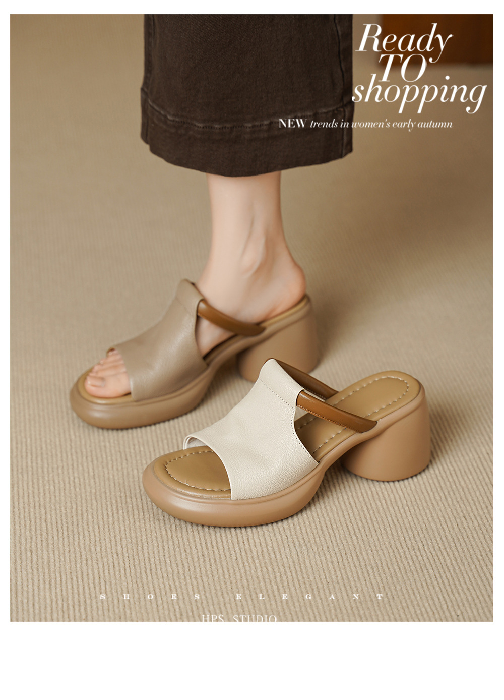 Sandal nữ hở mũi gót vuông đế dày da dê cao cấp — màu trắng ngà chi tiết 3