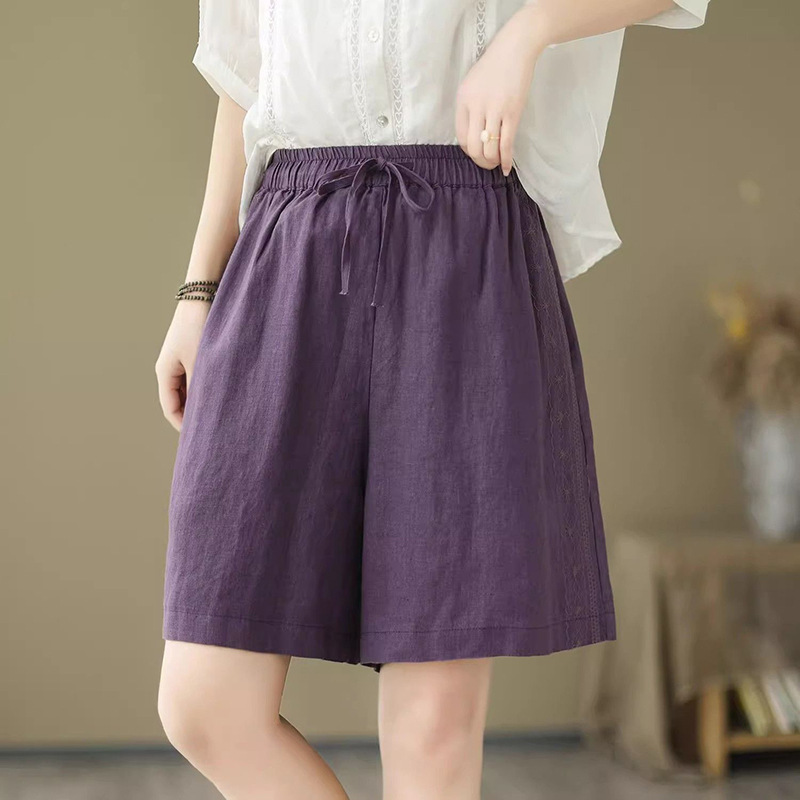 Cross-Border Foreign Trade Casual Wide-Leg Pants, Straight-Leg Pants, Artistic Retro Cotton and Linen Embroidered Shorts, New Summer Style with Elastic Waist Cross-Border Foreign Trade Casual Wide-Leg Pants, Straight-Leg Pants, Artistic Retro Cotton and Linen Embroidered Shorts, New Summer Style with Elastic Waist