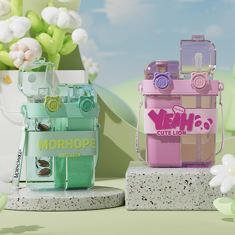 Taza para beber doble de gran capacidad dividida Taza para niños Taza para beber para estudiantes con pajita Taza para llevar al aire libre de alto valor de dibujos animados