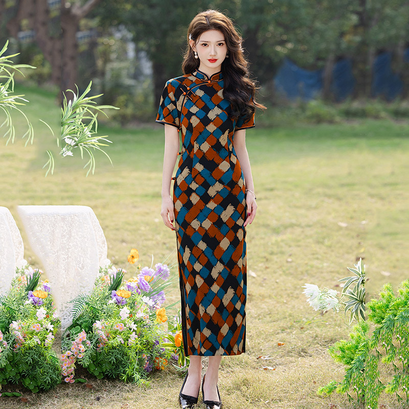 格子老上海民國風中式長款改良旗袍2025新款女復古修身短袖春夏季