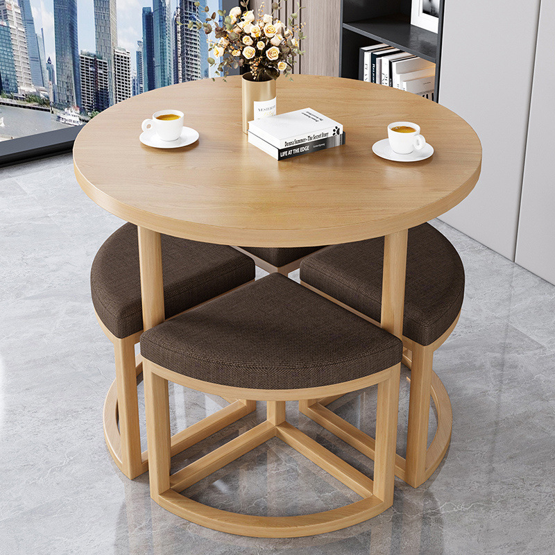 Taburete de tela de café + mesa de madera