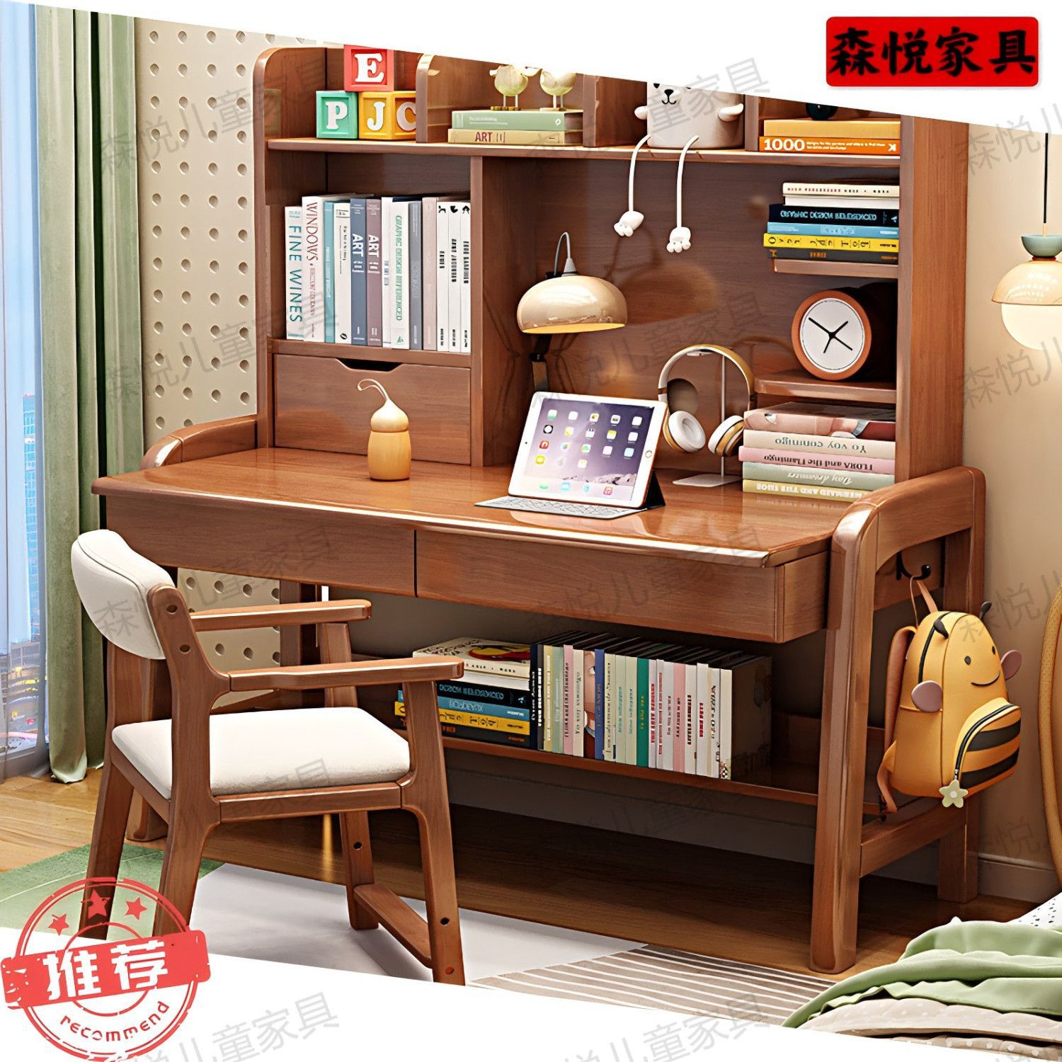 Junior High School Students Solid Wood Desk Bookshelf Integrated Liftable Writing Desk Children's Learning Desk Primary and Secondary School Students Desks and Chairs
