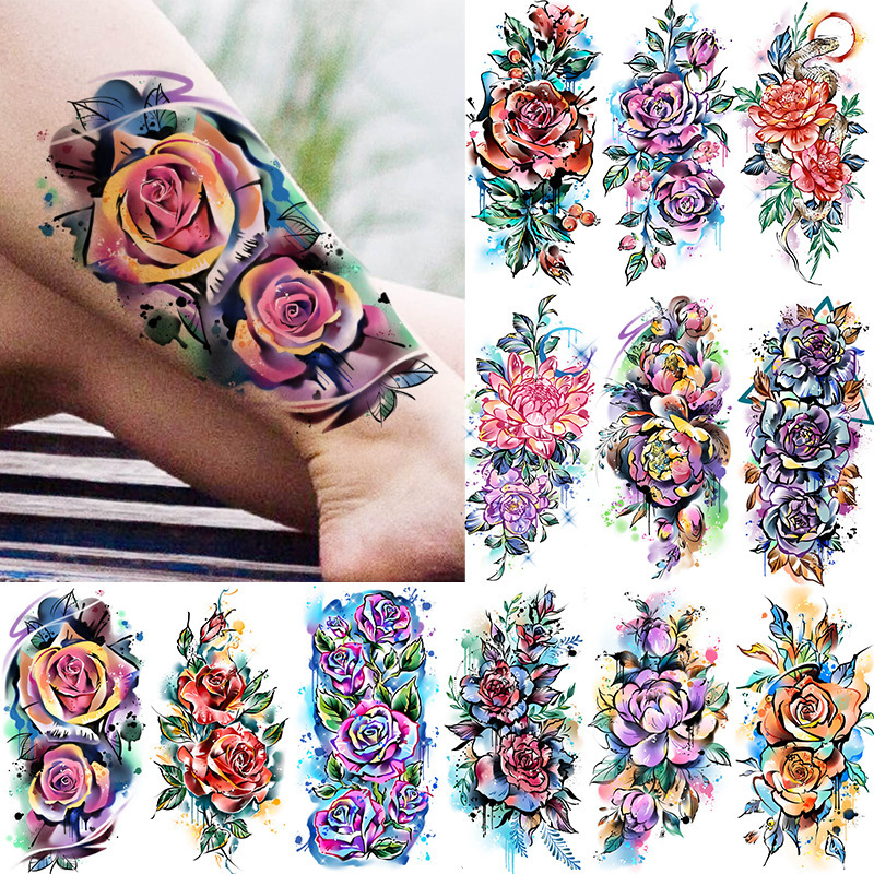 Watercolor Rose Temporary Tattoo Stickers Waterproof in Stock Arm and Leg Tattoo Stickers Temu European and American Tattoo