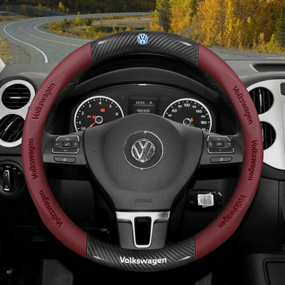 Steering wheel cover, Cover Magotan B8 Lavida Polo - round-carbon-fiber-pattern-nappa-leather-wine-red-default