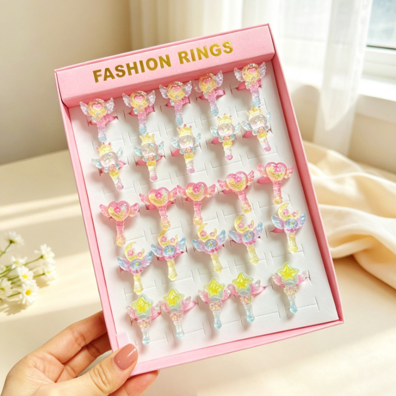 Anillo de flores de dibujos animados para niños transfronterizos 50 anillos de plástico esmerilado abierto en caja regalo de cumpleaños jardín de infantes