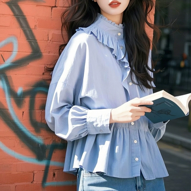 Синяя весенняя рубашка, модный длинный рукав, 2025 год, тренд сезона, западный стиль