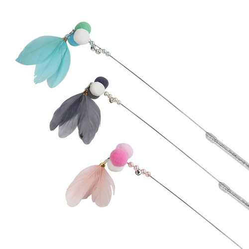 Pet supplies wholesale retractable long rod wooden handle interactive cat toy, solid wood bell feather fairy cat teaser stick