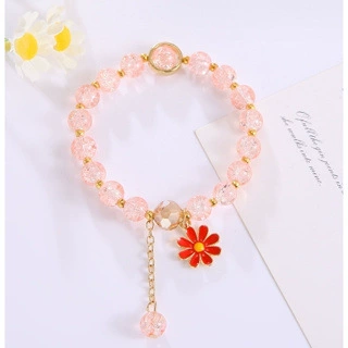 Pink beaded big red daisy bracelet#SZ534#SZ533