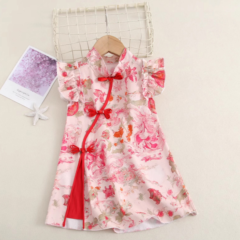 Girls Chinese Style Cheongsam Dress Red Floral New Skirt Performance Clothing New Year's Greetings Dress Cross-Border