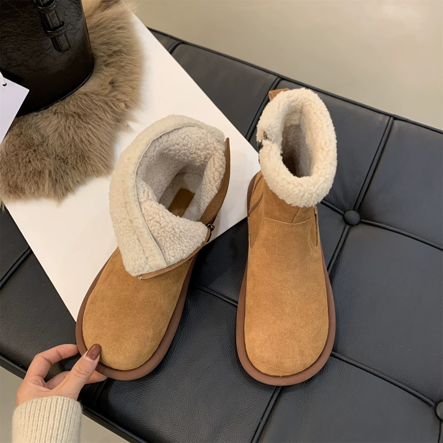 Snow boots women's winter fur one thick warm ankle boots with velvet cotton shoes_voghion.com