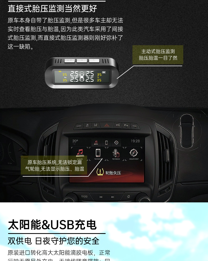 Ty02 Hidden Glass-Mounted High-Precision Solar-Powered Tire Pressure Monitoring System Tpms Wireless Tire Pressure Monitor Smart Device
