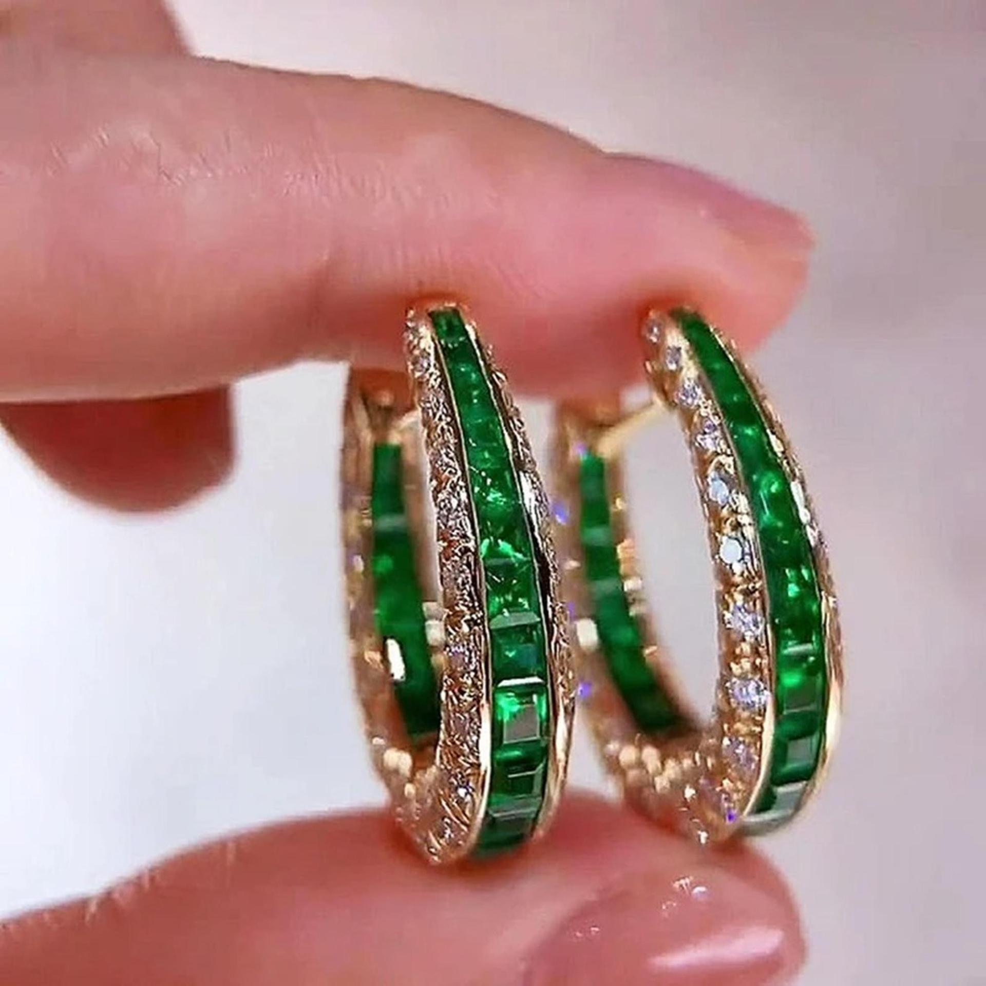 Rongxing Cross-Border Vintage Palace Style C-Shaped Earrings for Women, Double Row Micro-Inlaid Green Zircon Hoop Earrings, Light Luxury Jewelry