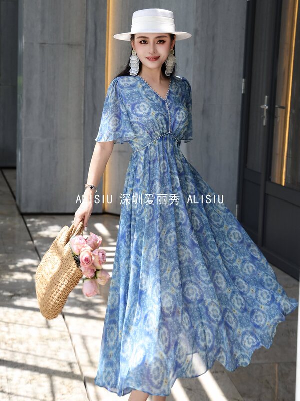Nanyou Light Luxury Versatile Style Romantic Dress Summer Waist-Cinching Slimming Mid-Length Printed Flared Dress Nanyou Light Luxury Versatile Style Romantic Dress Summer Waist-Cinching Slimming Mid-Length Printed Flared Dress