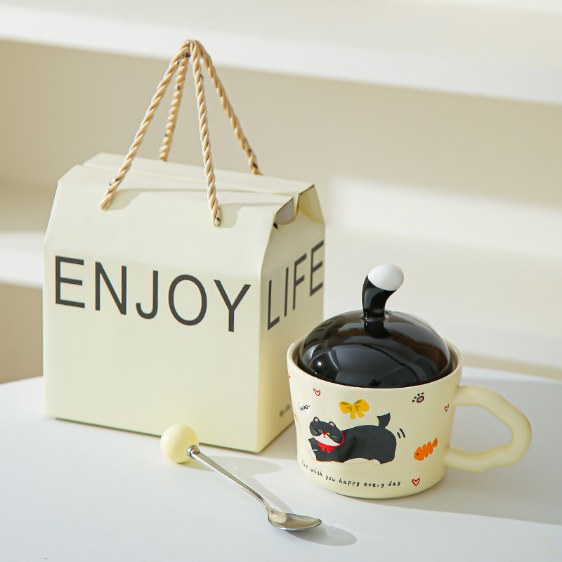 Divertido gato de dibujos animados tazas con cubierta de oficina adorable ins tazas de cerámica tazas de regalo creativas personales