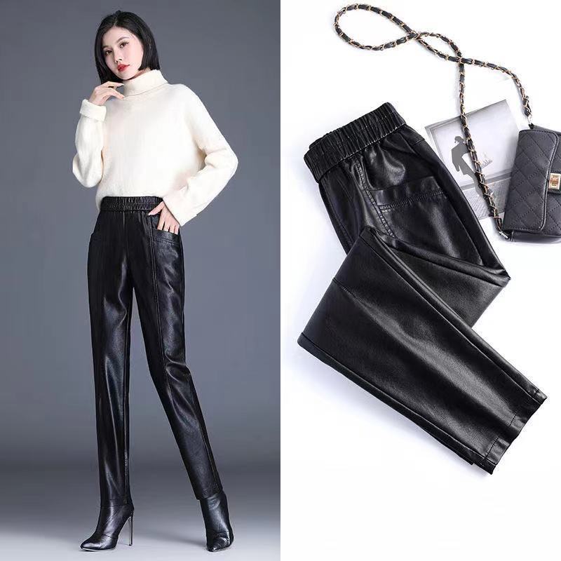 PU皮裤新款2021韩版时尚女士哈伦裤宽松小脚长裤萝卜裤女秋冬加绒