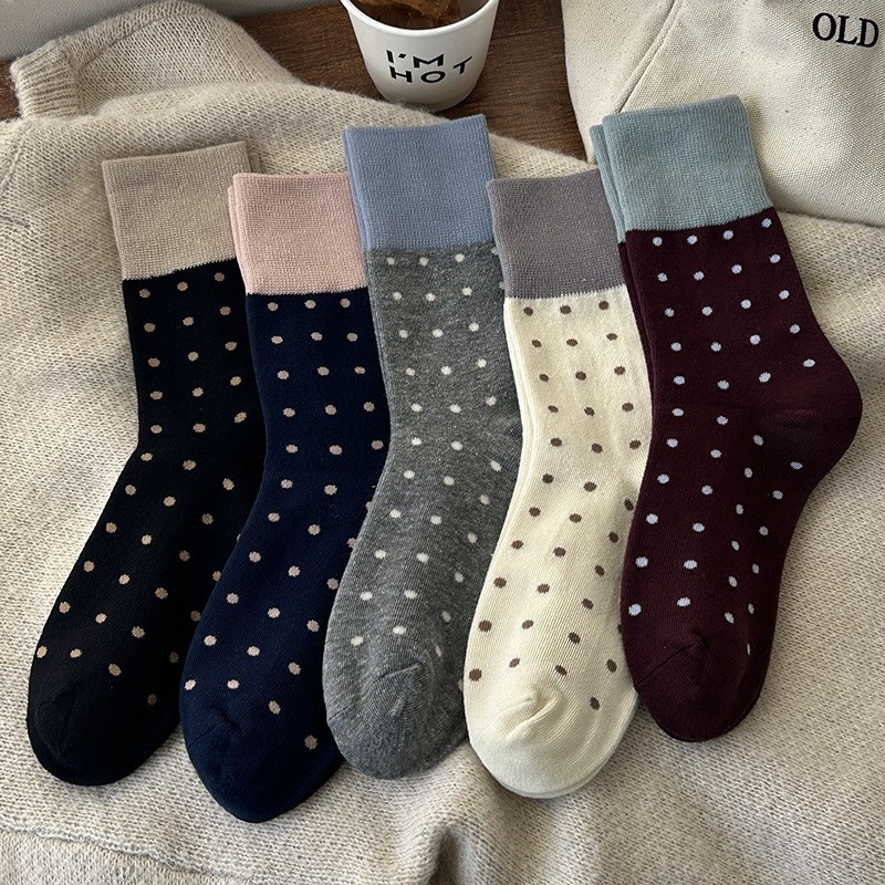 women‘s socks purified cotton loose socks autumn and winter ins fashionable retro color matching polka dot pure cotton sweat absorbing deodorant mid-calf length socks women