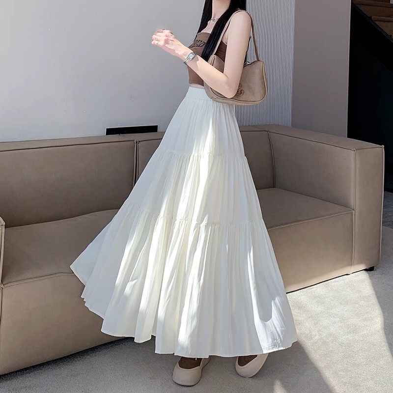 蛋糕裙半身裙女2025新款夏气质高腰显瘦梨形身材a字大摆白色长裙|undefined