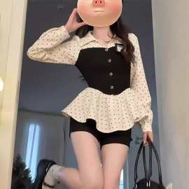 大码胖妹妹miu系千金风收腰波点上衣女春季设计感减龄假两件衬衫