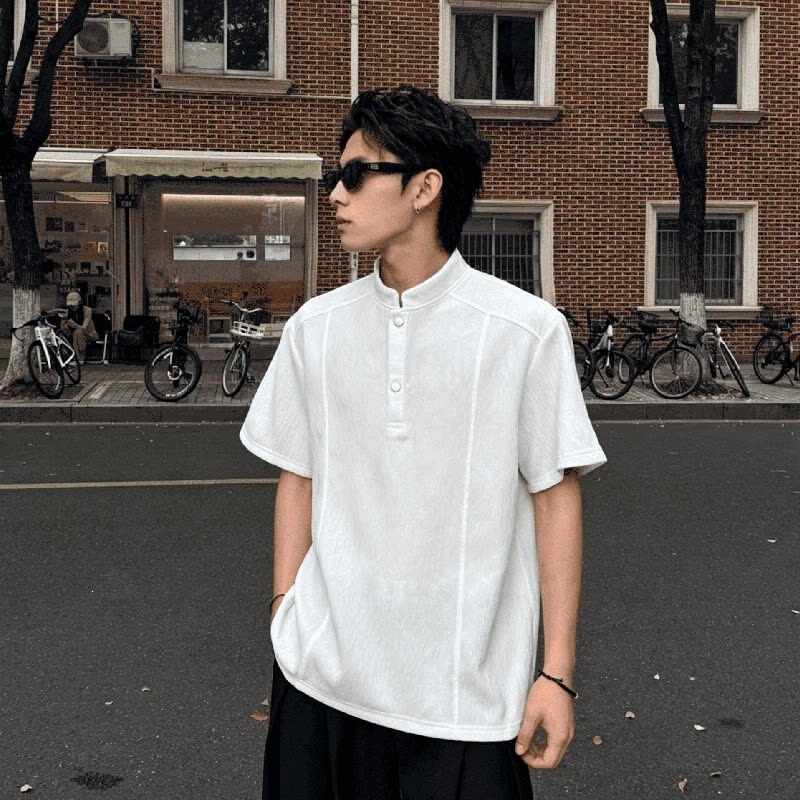 2026 New American-Style Niche Cool Retro Henley Collar Short-Sleeve Unisex Summer T-Shirt with a High-End Feel and Versatile Design
