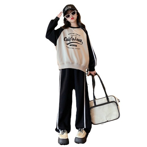 Girls Sports Suit Spring 2024 New Children's Casual Spring Clothing Korean Version Medium and Large Children's Alphabet Sweatshirt Two-piece Set