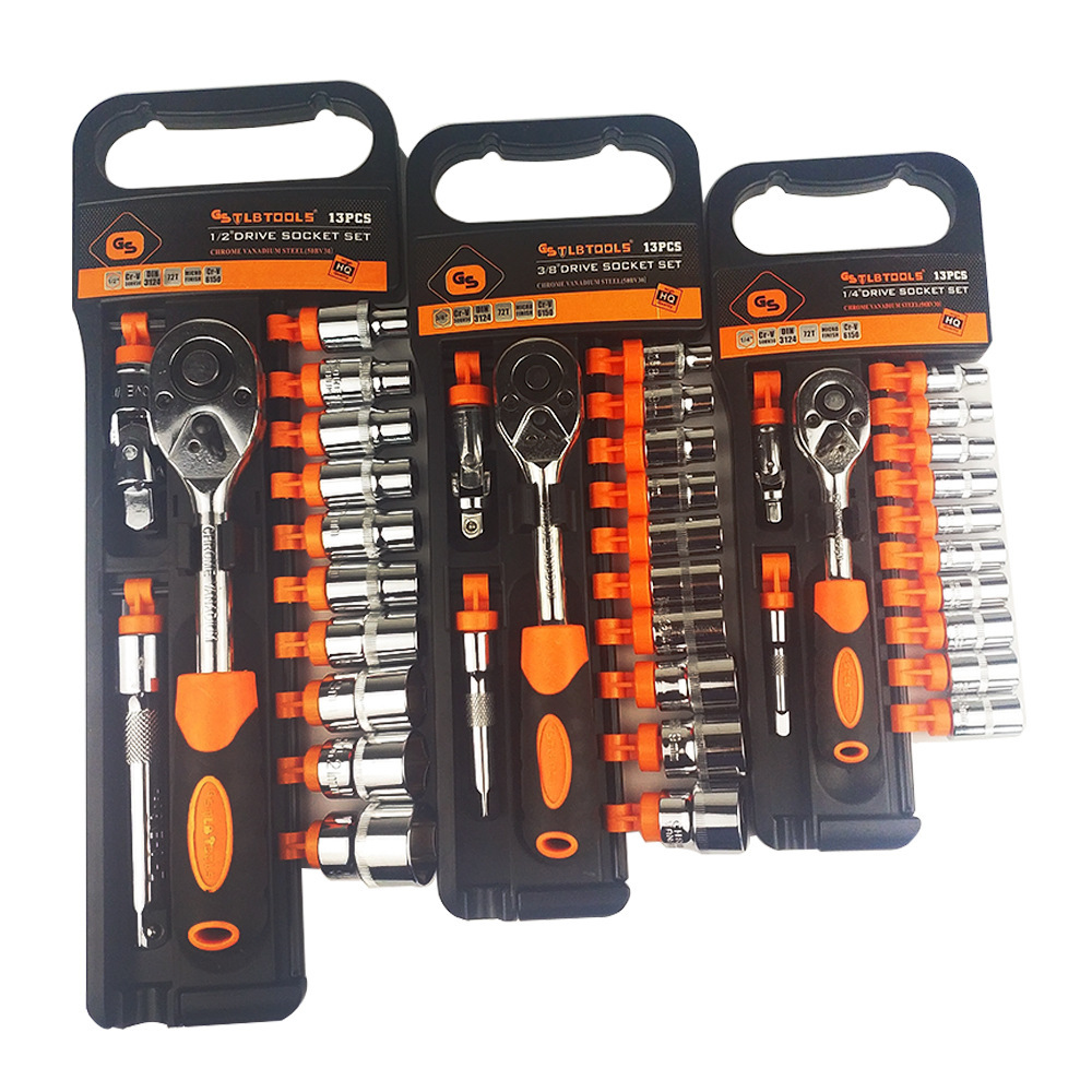 13PC棘轮扳手组套1/2-3/8-1/4公制汽修套筒组套棘轮扳手套装批发