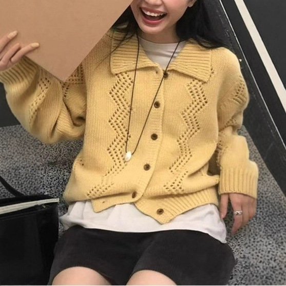 South Korea's Dongdaemun Cut Out Knitted Cardigan Women's Autumn and Winter New Fashion Retro Preppy Style Doll Collar Sweater Jacket