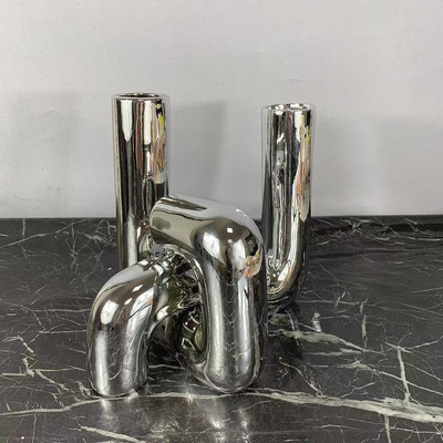 現代銀色樹脂幹花花器擺件家居餐桌茶幾裝飾品創意幾何花瓶