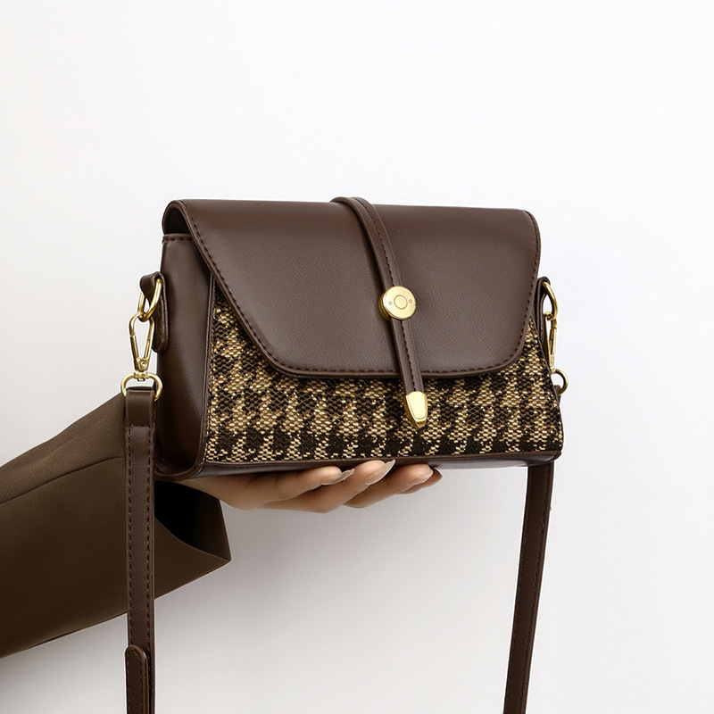 Spring New Women's Bag Canvas Spliced Leather Small Square Bag High-End Elegant Houndstooth Armpit Bag Single Shoulder Crossbody Bag