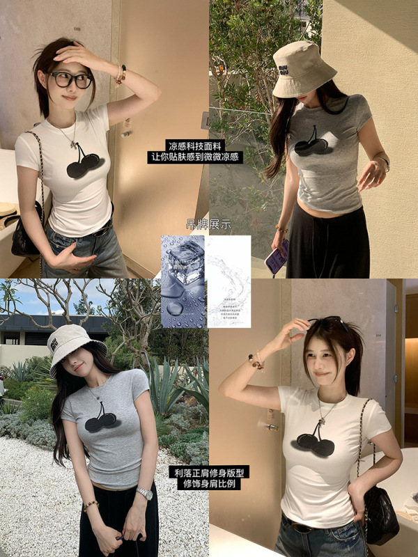 EKOOL衣库凉感冰肤科技棉·樱桃印花短袖T恤女夏修身显瘦圆领上衣|undefined
