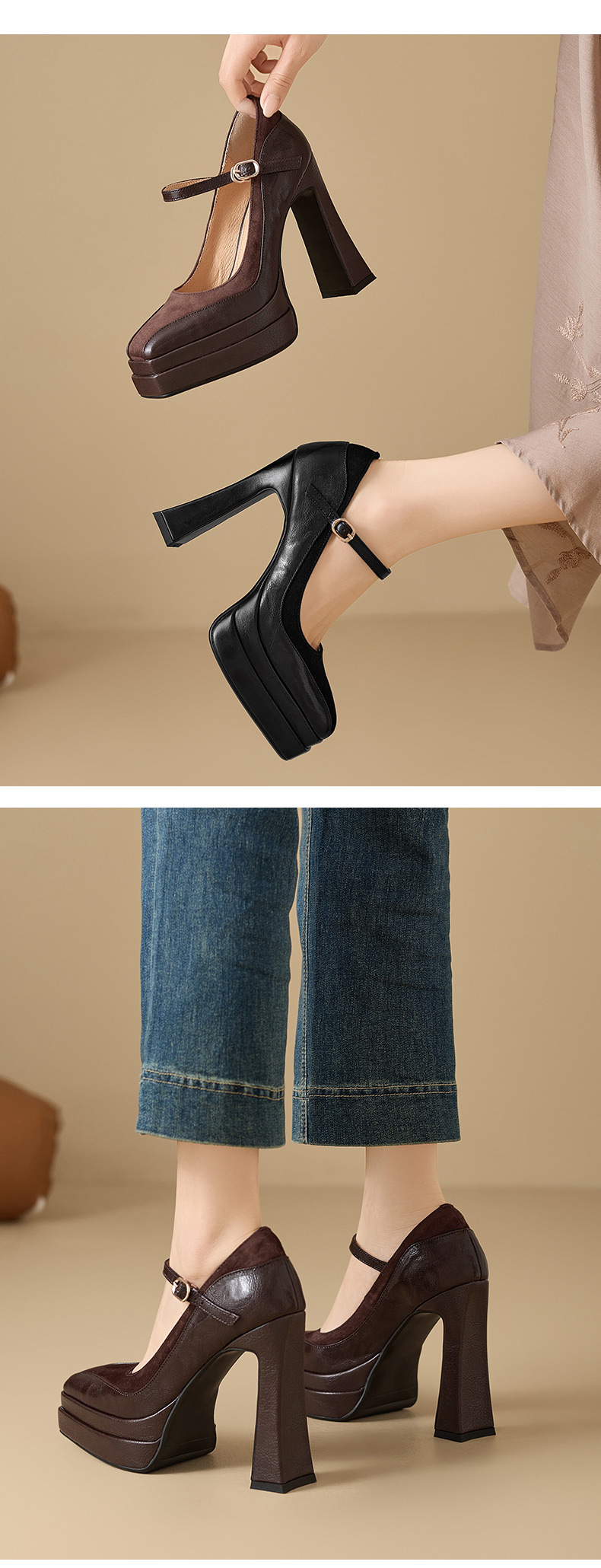 Giày Mary Jane nữ mũi vuông gót vuông đế platform cao 9 cm, da thật, quai ngang có khóa — màu nâu, màu đen chi tiết 4