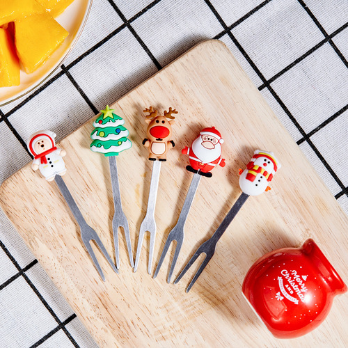 Christmas cartoon fruit fork household stainless steel storage jar set cute and safe fruit picks for children