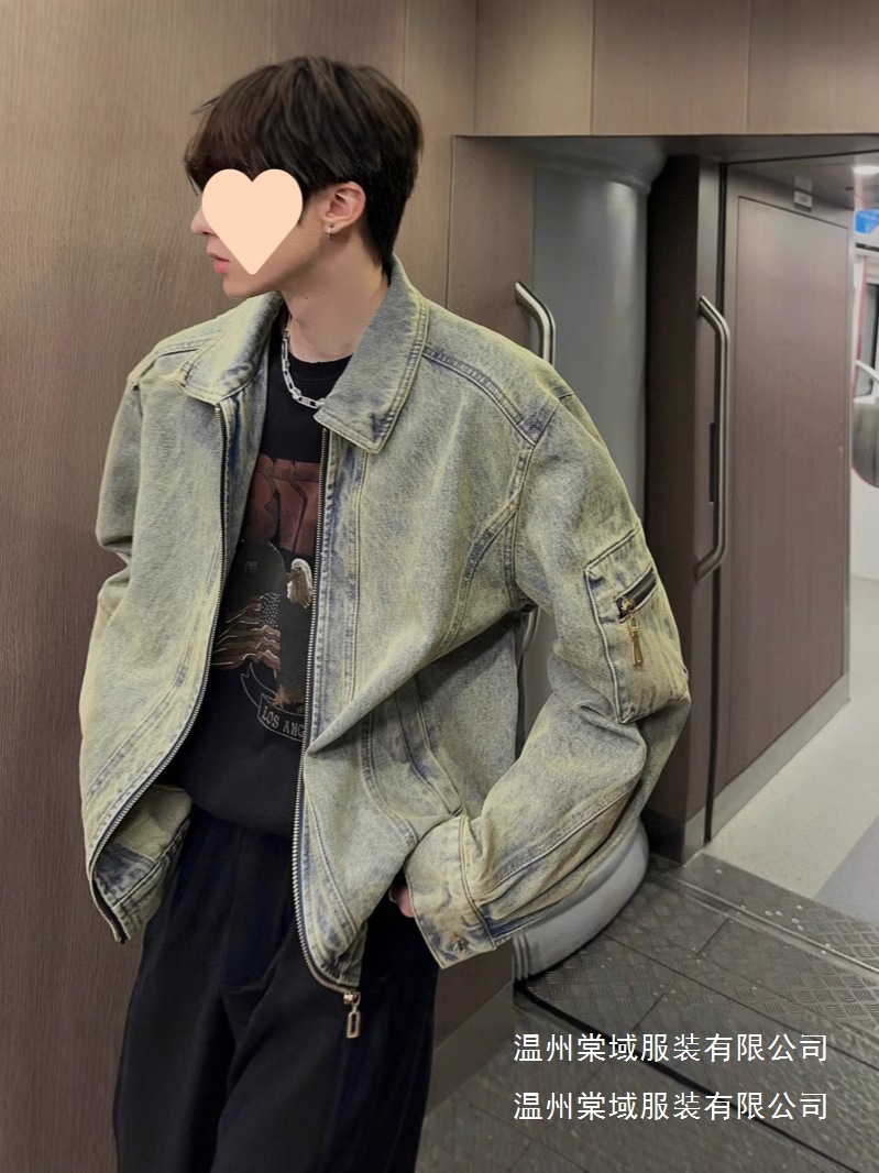 做旧水洗牛仔夹克男士春秋季新款痞帅高街外套美式情侣翻领上批发