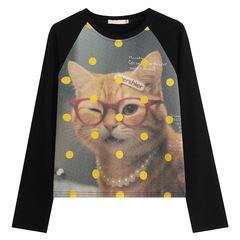衣品男装美式卡通猫咪波点印花长袖T恤女秋复古撞色圆领插肩袖TEE