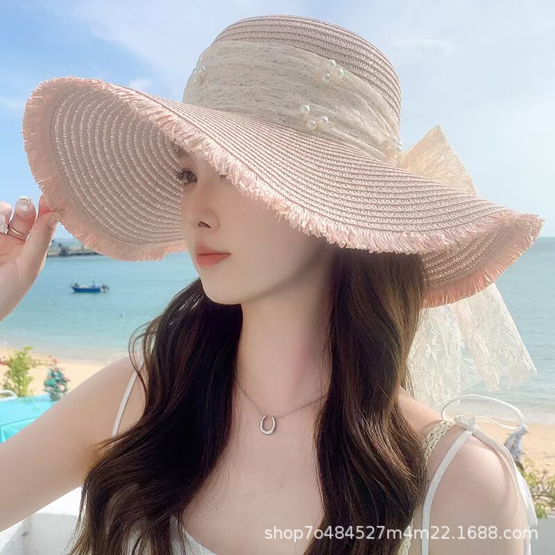 蕾丝蝴蝶结大帽檐沙滩草帽女2025年春新款海边遮阳防晒太阳帽子潮|undefined