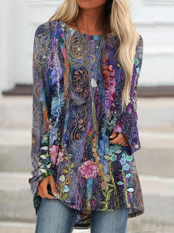 Europe and the United States cross-border Amazon wish foreign trade women's fashion leisure retro ethnic style round neck printed long sleeve top